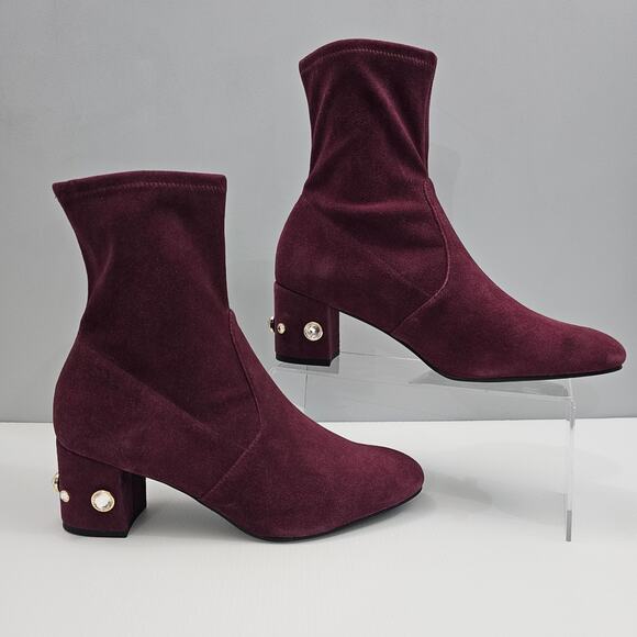 Stuart Weitzman Allshine Ankle Bootie Size 9 Wine Red Suede Sock Jewel Heel Fall - Picture 4 of 15